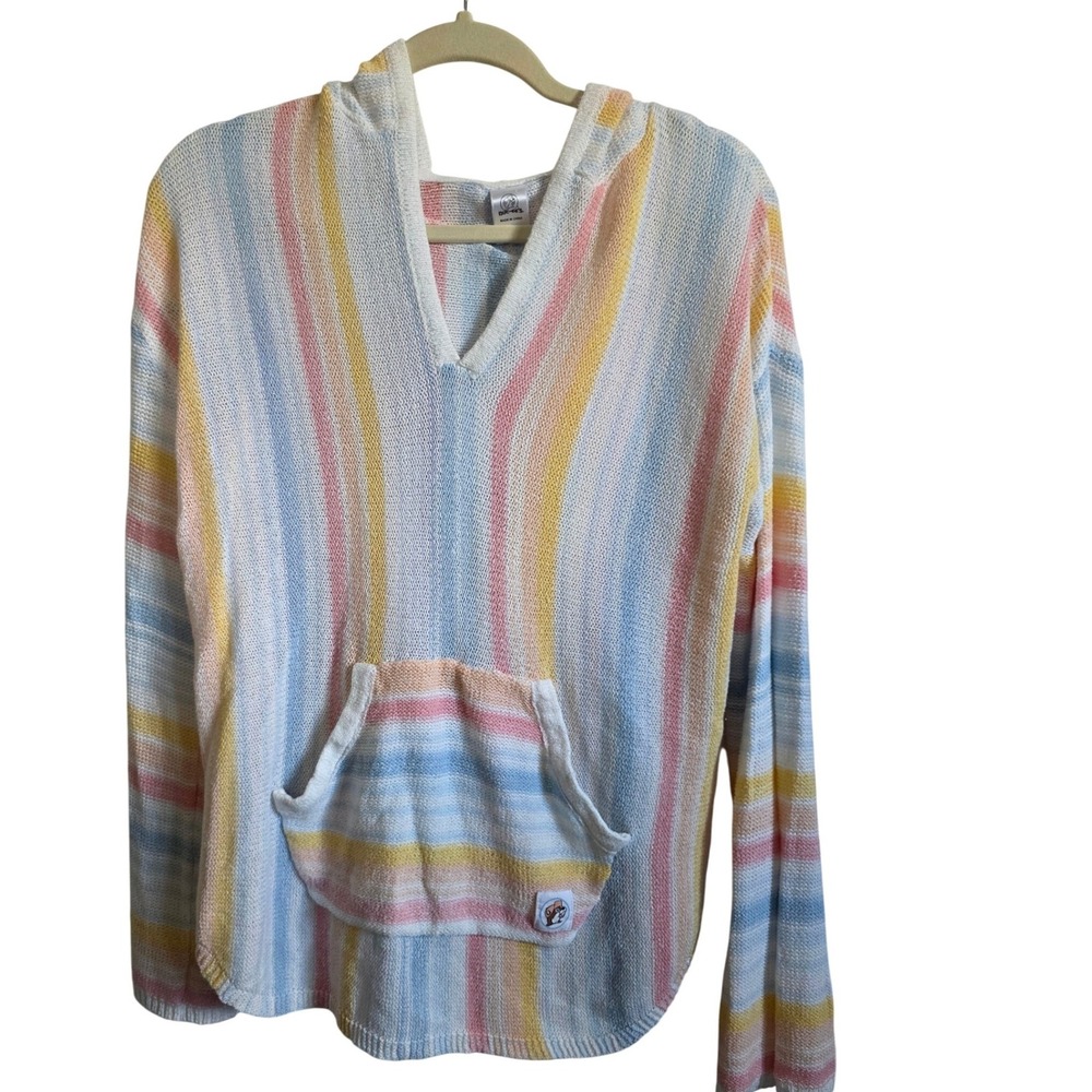 Buc-ees Women's Striped Lightweight Hooded Poncho Boho Sweater‎ S Kangaroo Pckt
